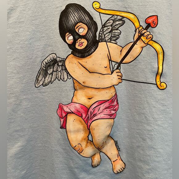 Salem7 Baby Blue Long Sleeve Graphic Masked Cupid T-shirt size Medium - Picture 3 of 8